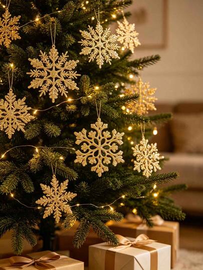 24pcs Christmas Gold Snowflake Decorations, Plastic Glitter Snowflake Hanging Ornaments, Christmas Tree Hanging Decor, Hanging Snowflakes, Various Sizes, Handmade Snowflakes, Suitable For Indoor/Outdoor Ceiling, Fireplace, Winter Decoration, Create Winter Wonderland Decor