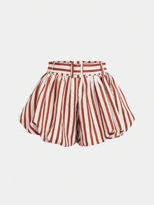 UREREM شورت نسائي من قماش منسوج مخطط بألوان متباينة بخصر كيس ورقي للعطلات والمواعدة والارتداء اليومي في الصيف - مخطط باللون الأحمر - مشاهدة 3