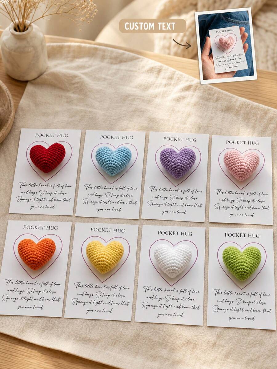 Personalized Pocket Hug Heart Card With Custom Text, Tiny Knitted Heart Keepsake. Sweet Comforting Gift For Long Distance Friends, Family And Partners, Ideal Encouragement Souvenir For Every Meaningful Moment. - Multicolor - View 1