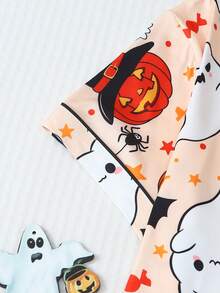 2pcs Halloween Ghost Bat Pumpkin Pattern Short Sleeve Collared Top And Bow Shorts Women's Pajama Set - Apricot - View 5