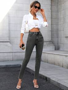 HAPPY GIRL#Spring/Autumn Versatile Fashion Casual Elegant Daily Travel Airport Outfit Denim Slim Fit Flattering Washed Jeans For Women - Grey - View 1
