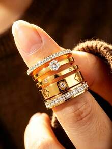 5pcs Stainless Steel Clover Ring Set, Waterproof And Colorfast, Elegant And Luxurious Gift For Women's Daily Wear, Parties And Banquets, Wedding Ring - Gold - View 9