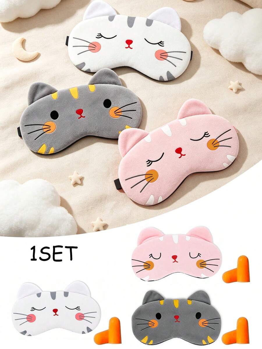 Travel Cat Pattern Blackout Eye Mask Set With Earplugs, Comfortable Cartoon Cat Sleep Mask Set, Suitable For Napping, Long-Haul Flights, Deep Sleep, Business Trips, Travel Essentials, Back To School - Multicolor - View 1
