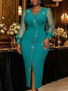 AOMEI Women's Elegant Luxury V-Neck Sheer Long Sleeve Pearl Embellished Fitted Slit Dress, Exuding Charming Allure Fall Wedding Party - Mint Green - View 9