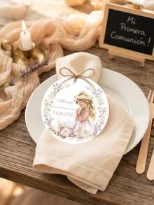 Etiquetas personalizadas para recuerdos de Primera Comunión, etiquetas redondas colgantes con nombre, fecha y diseño floral, etiquetas de regalo para ceremonia religiosa, etiquetas de recuerdo de comunión para niña - Multicolor - Ver 4