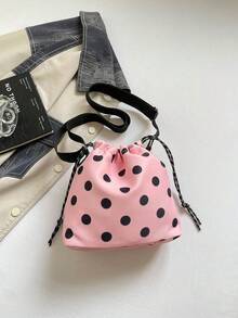 1pc Nylon Solid Color Drawstring Bucket Bag With Plush Pendant Accessory, Fashion Crossbody Shoulder Bag For Women - Pink - View 3