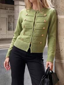 Women's Green Military Style Knitted Cardigan Sweater, Gold Buttons, Long Sleeve High Elasticity Pullover, Suitable For Autumn/Winter Wear - Green - View 4