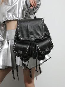 Dedoo Mochila con solapa y cordón, unicolor con ribete de remaches, bolsillos dobles, gran capacidad, mochila escolar, campus universitario, mochila diaria de estudiante estilo retro punk - Negro - Ver 5