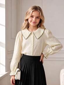 Tween Girls Peter Pan Collar Blouse, Contrast Trim Textured Button Up Shirt, Teen Tween Girl Cute Long Sleeve Ruffle Cuff Top - Apricot - View 4
