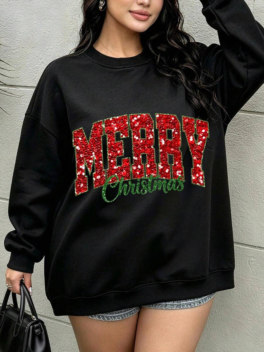 Women's Plus Size Hoodie, Crew Neck Pullover, Christmas Element Print Pattern, Suitable For Autumn/Winter, Versatile Casual Essential - Black - View 1