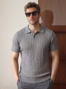 Men's Cable Knit Slim Fit Regular Shoulder Polo Collar Short Sleeve - Grey - View 2