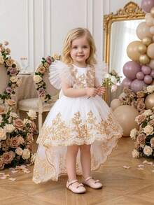 Baby Girls Embroidered Wedding Flower Girl Princess Dress With Train, Suitable For Party And Vacation, Fabric Pattern Randomly Cut, Headband Not Included - White - View 4
