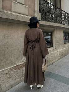 1pc Set (Excluding Headscarf) Elegant Drawstring Fashion Abaya Modest Long Dress, Skin-Friendly Comfortable For Party, Wedding, Ramadan - Brown - View 2