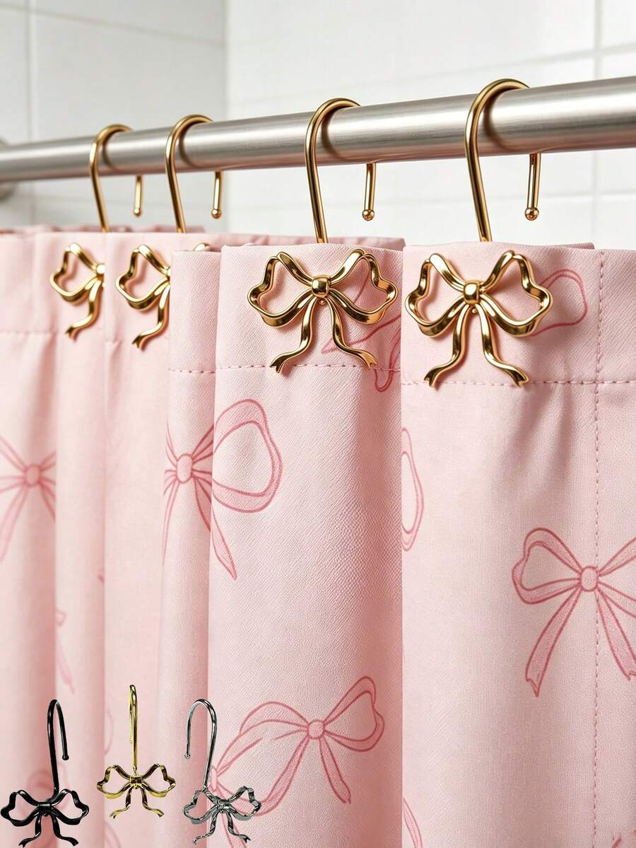 24/12pcs Shower Curtain Hooks, Rust-Proof Zinc Alloy Curtain Rings, Decorative Bow-Shaped S-Hooks, Suitable For Bathroom, Bedroom, Living Room, Home Decor, Holiday Party, Hotel - Multicolor - View 1