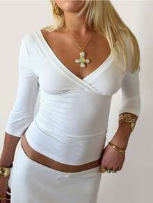 Womens Surplice Wrap Deep V 3/4 Sleeve Crop Top, Side Ruched Stretch Slim Y2K Layering Going Out Blouse - White - View 3