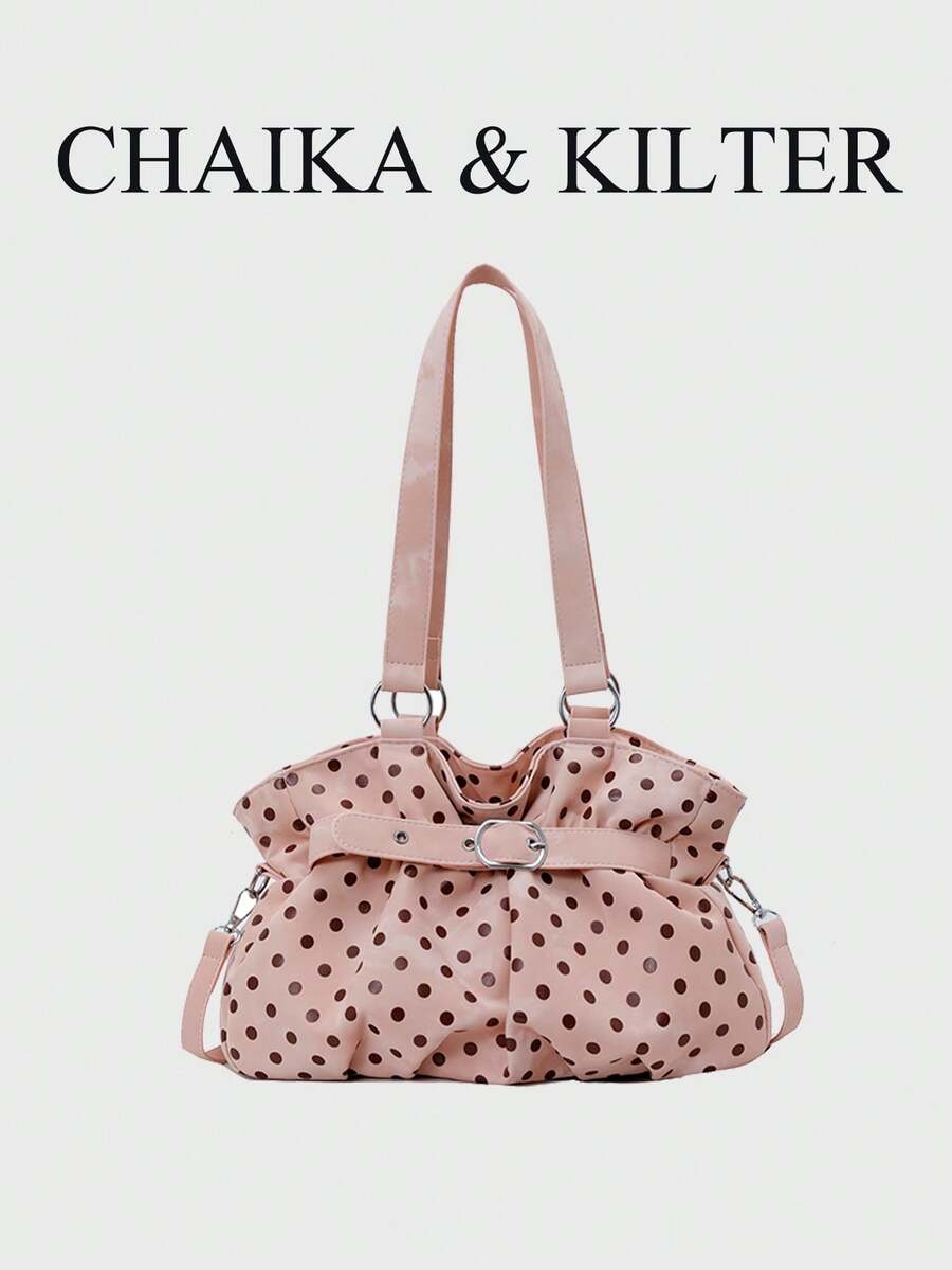 CHAIKA & KILTER 1件裝拼色PU布料托特包，女款時尚單肩托特包，滿版圓點圖案，雙手柄設計，拉鍊開合，飾帶裝飾，適合日常與街頭穿搭