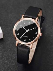 Women's PU Leather Strap Classic Digital Small Dial Elegant Quartz Watch, Gift For Girlfriend (1pc/Set) Watch Box Not Included - Black - View 5