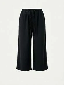 Women's 7/8 Length Wide Leg Pants, Summer New Elastic Waist Drawstring Lightweight Breathable, Slouchy, Loose Casual Pants, Suitable For Daily Wear - Black - View 2