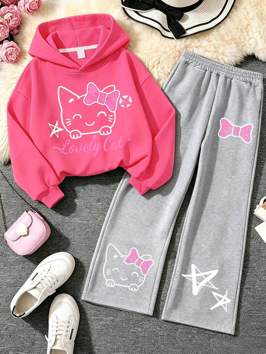 2pcs/Set Teen Girls Outfit, Cute Cat Print Hoodie And Simple Loose Wide Leg Pants, Comfortable Autumn/Winter New Style Girl Outfit - Hot Pink - View 1