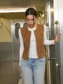 Women's Spring Round Neck Vintage Embroidered Suede Vest Summer - Brown - View 4