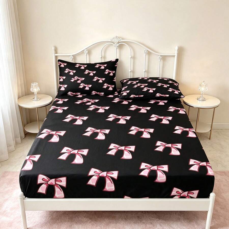 3-Piece Sweet Cool Style Black & Pink Bow Pattern Printed Bed Sheet Set (1 Fitted Sheet + 2 Pillowcases, Pillow Inserts Not Included), 90g Soft Polyester Breathable Mattress Protector, Quick-Dry, Fade-Resistant, High Elasticity, Non-Slip, Washable, Suitable For Apartment, Dorm, Home Bedroom Decor - Multicolor - View 1