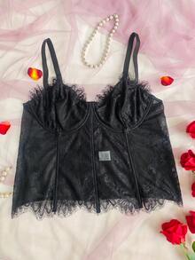 Corset phong cách cung đình Pháp màu đen viền ren, dây đeo spaghetti ren - màu đen - Xem 5