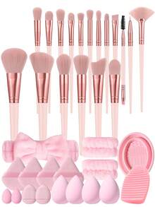 35 Pieces All-In-One Pink Makeup Accessory Kit, 18 Multifunctional Makeup Brushes, Powder Puffs, Cosmetic Sponges, Headband, Wristbands, Brush Cleaner Tools, Soft Blending Tools For Facial & Eye Makeup - Pink - View 13