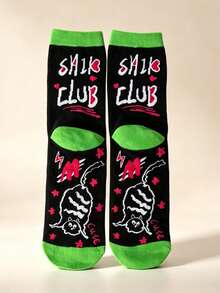 1 Pair, Multiple Style Options, Women's Fun Black Cat Pattern Crew Socks, Vintage Street Style Letter Print Mid-Calf Socks, Y2K Punk Neon Green Ankle Casual Fashion Socks, Novel Daily Wear Socks - Multicolor - View 1