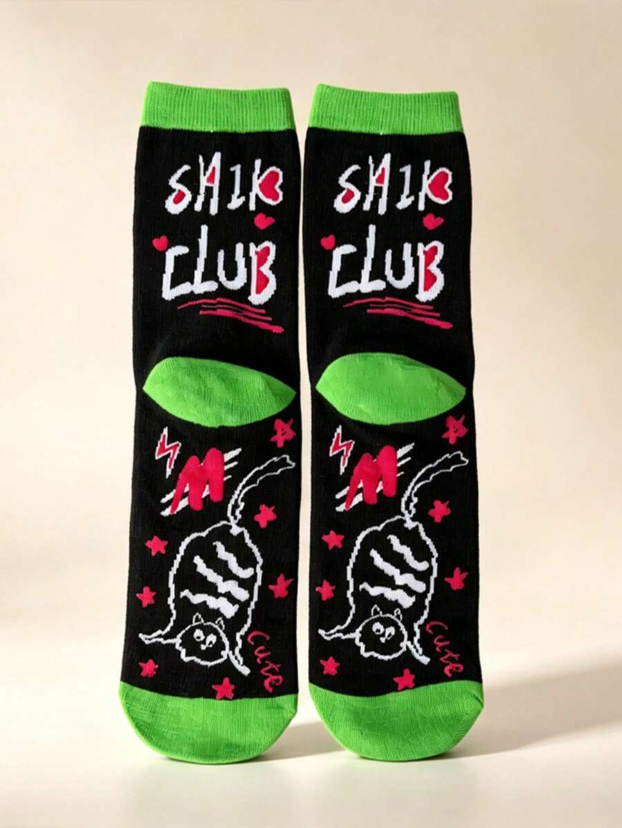 1 Pair, Multiple Style Options, Women's Fun Black Cat Pattern Crew Socks, Vintage Street Style Letter Print Mid-Calf Socks, Y2K Punk Neon Green Ankle Casual Fashion Socks, Novel Daily Wear Socks - Multicolor - View 1