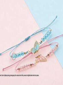2pcs/Set Girls Delicate Fashion Zinc Alloy Butterfly Pendant Braided Bracelet Set, Suitable For Sisters Daily Wear, Friendship Gift - Multicolor - View 2