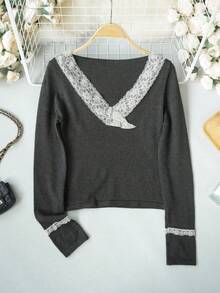 2026 Minimalist Sexy Style Lace Knit Top, V-Neck Criss-Cross Slim Fit Sweater, Gentle Style Knitwear For Women, Autumn/Winter Daily Date Commute, Elastic Knit Fabric Slimming Sweater For Women 18-35 Years Old - Dark Grey - View 7