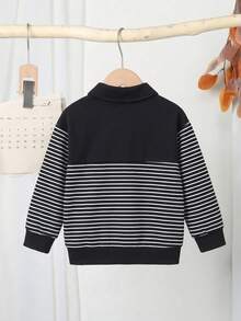 Boys' Colorblock Striped Polo Shirt With Collar, Long Sleeve, Autumn/Winter Style, New Casual Fashion Street Retro Preppy Look, Suitable For Back To School & Graduation, Commuting, Social Gatherings, Daily Wear - Black - View 3