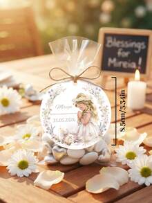 Etiquetas personalizadas para recuerdos de Primera Comunión, etiquetas redondas colgantes con nombre, fecha y diseño floral, etiquetas de regalo para ceremonia religiosa, etiquetas de recuerdo de comunión para niña - Multicolor - Ver 3