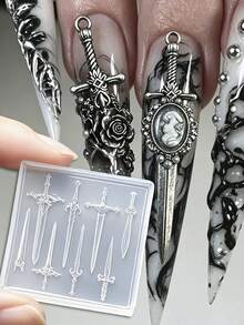3D十字劍美甲矽膠模具 可重複使用美甲雕刻模板 DIY哥德龐克美甲飾品萬聖節美甲裝飾製作工具 - 無色 - 查看 6