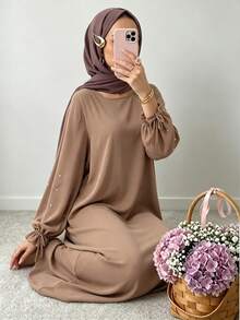 Elegant Double Layer Khimari Long Robe, Pearl Decorated Drawstring Sleeves, Loose Fit Modest Long Dress, Suitable For Middle Eastern Women - Multicolor - View 6