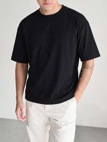 Men's Crew Neck Short Sleeve T-Shirt, Chest Patchwork Detail Loose Fit, Suitable For Casual Daily Wear - Black - View 4