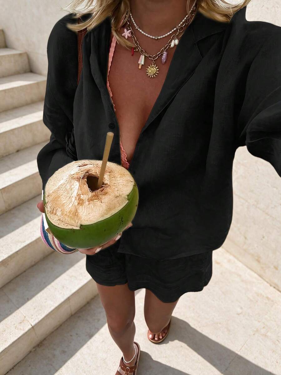 女款秋季度假套裝:法式森林印花休閒寬鬆兩件套,請買大一號,黑色 - 黑色 - 查看 1