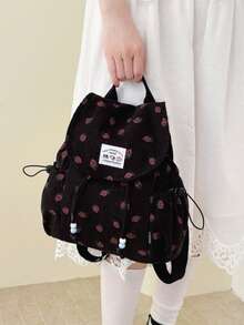 Dedoo Mochila de pana con cordón, bolsillos laterales con cordón de cuentas, gran capacidad, mochila escolar, mochila universitaria de campus, mochila de estilo retro dulce para campus - Negro - Ver 8
