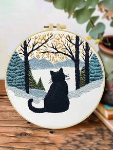 1PC 20*20cm/7.9*7.9in,The Cat In The Forest Embroidery Kit, DIY Handmade Embroidery Set For Adult Beginners, Home Gift, Women's Sewing Gift, Including User Manual, Printed Pattern Fabric, Embroidery Frame, Needle And Thread. - Forest Cat - View 5