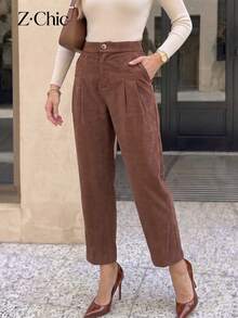 1pc Women's Solid Color Fine Corduroy High Waist Ankle Pants, Front Double Pleated Pockets, Daily Commuting - Coffee Brown - View 2