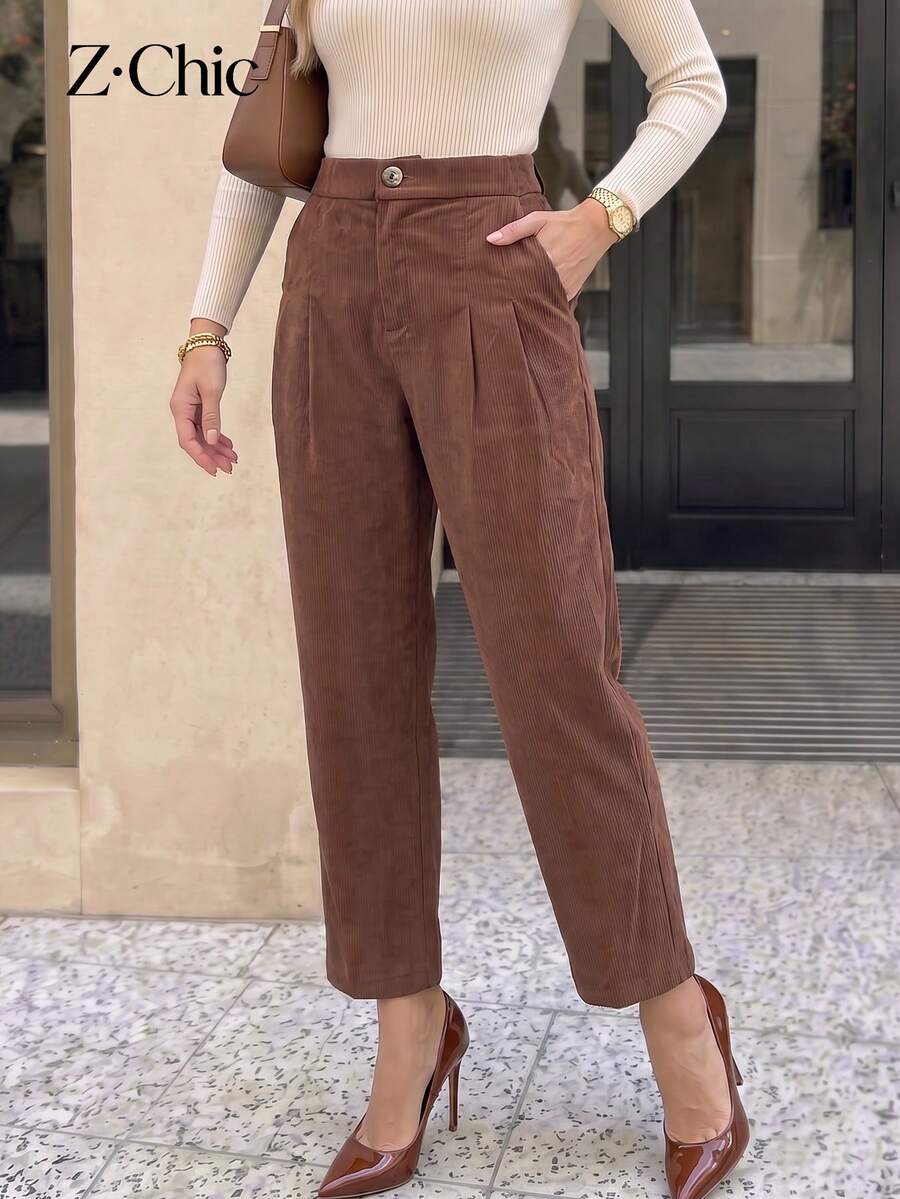 1pc Women's Solid Color Fine Corduroy High Waist Ankle Pants, Front Double Pleated Pockets, Daily Commuting