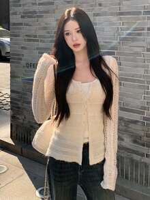 [Y6Y]Women's Hollow Button Knit Cardigan, Long Sleeve Crochet Fitted Knit Jacket, Autumn - Apricot - View 1