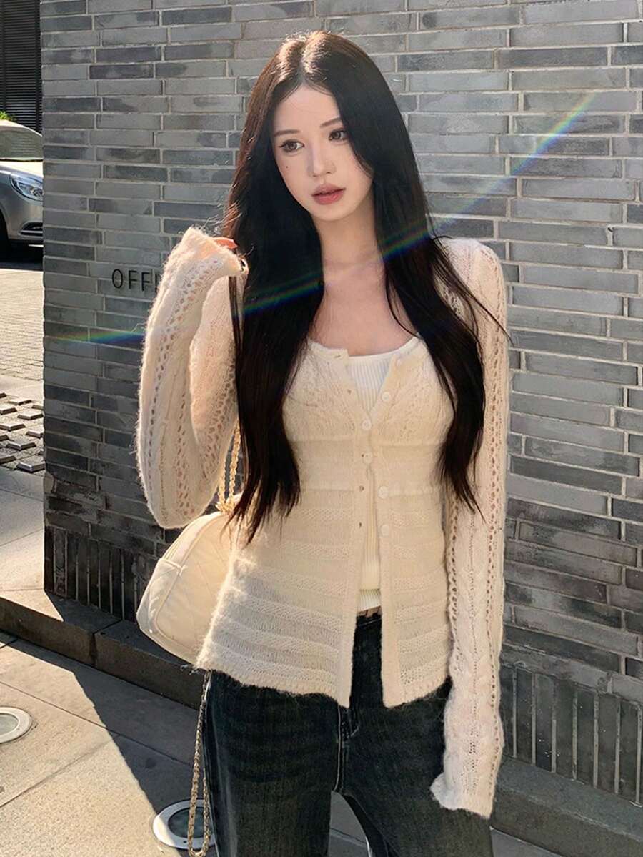 [Y6Y]Women's Hollow Button Knit Cardigan, Long Sleeve Crochet Fitted Knit Jacket, Autumn - Apricot - View 1