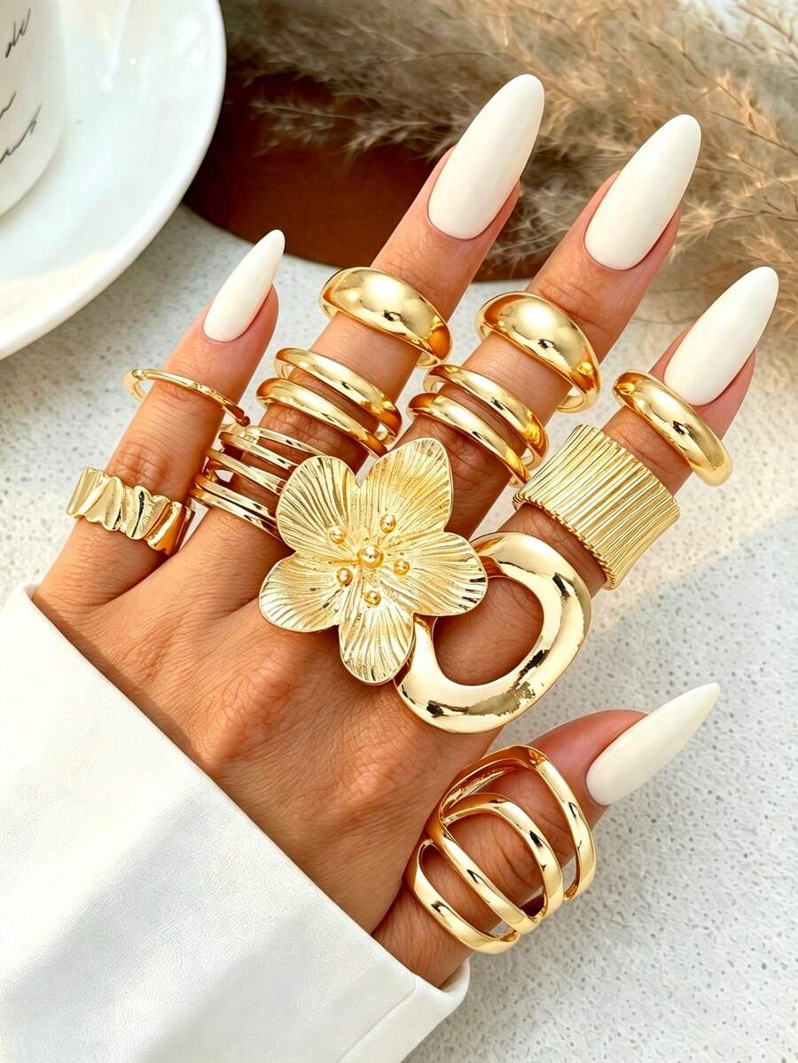 12/5pcs Gold Bohemian Vacation Style Women's Rings Set, Floral Geometric Asymmetrical Shape Multi-Layer Casual Daily Versatile Rings, Suitable For Vacation, Photography, Daily Wear, Dating - Yellow Gold - View 1