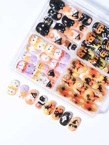 96pcs Y2K Style (Pumpkin, Bat, Spider, Spider Web, Castle, Kitten) Halloween Cartoon Little Girl Press-On Artificial Nails, Full Coverage Short Kids Fake Nails Set, Girls Gift, Nail Art Decoration, Holiday Nail Set - Multicolor - View 5