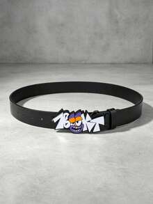 1pc New Halloween Street Graffiti Cartoon Letter Buckle Decor Belt, Floral Print Black PU Leather Belt, Unisex - Black - View 2