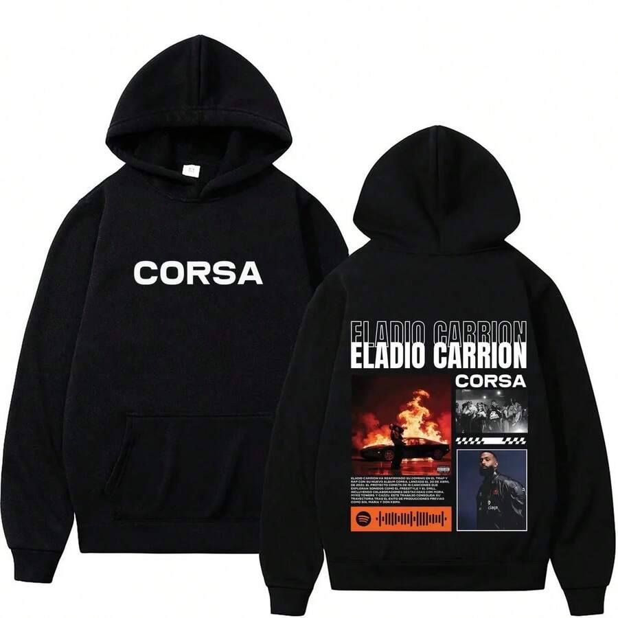 Sudadera con Estampado del Álbum 'Corsa Tour 2026' del Rapero Eladio Carrión, para Hombre y Mujer, Estilo Hip-hop, Manga Larga, Casual, Oversize - Negro - Ver 1
