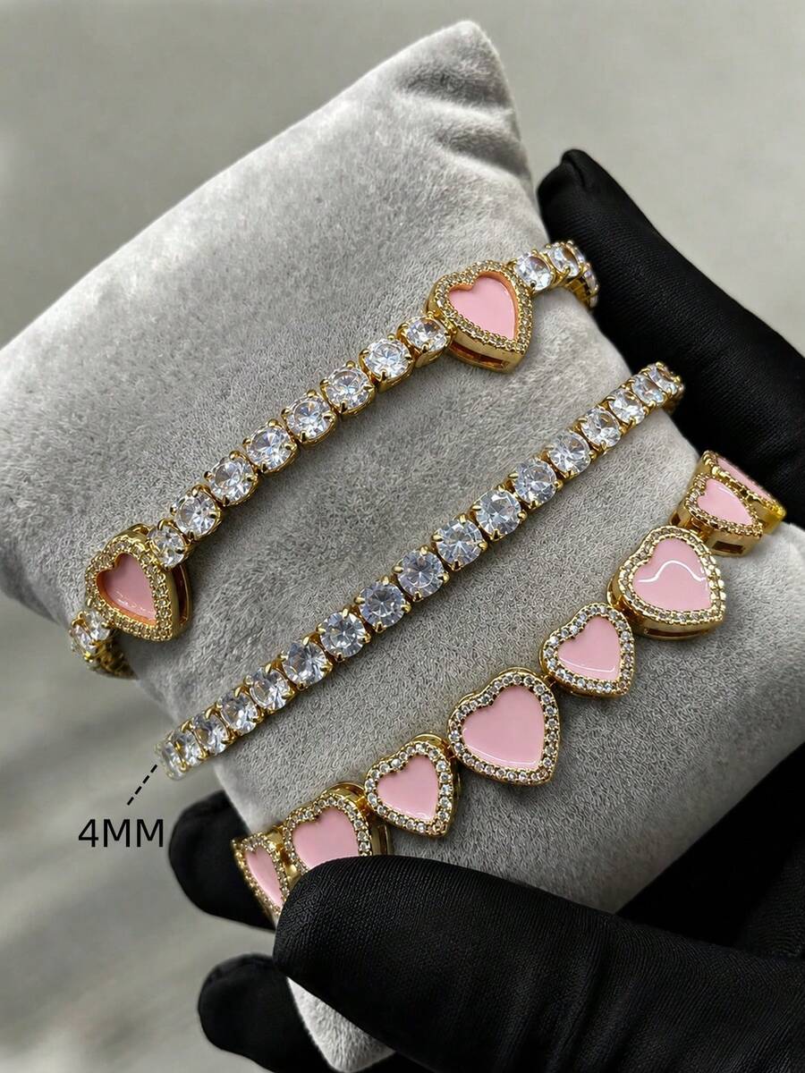 1/3Pcs Fashion 16K Gold Plated Heart Open Bangle Bracelet With Copper Inlaid Artificial Zirconia Pink Heart Bracelet Chain Set, Women's Personalized Jewelry Combination, Suitable For Women's Daily Wear, Music Festival Party Gift