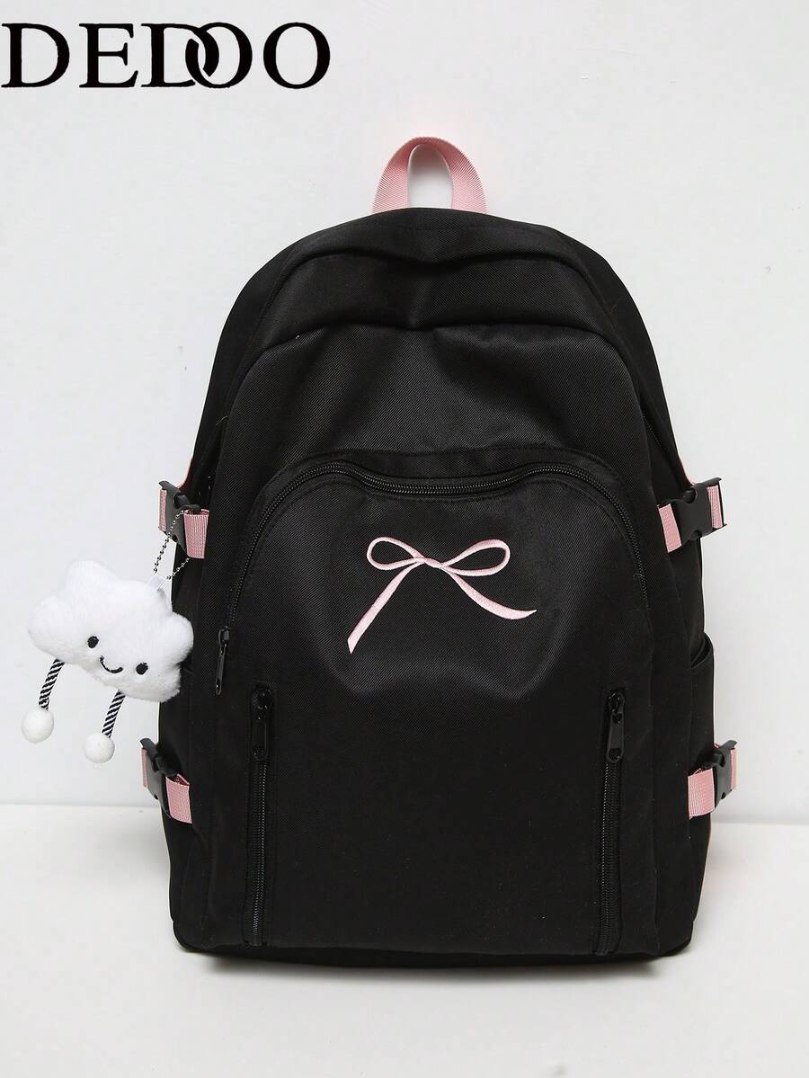 Dedoo Zipper Backpack, Bow Embroidery Contrast Color Shoulder Straps, Large Capacity, Campus School Bag, University Campus, Sweet Girl Style Back To School Student Backpack