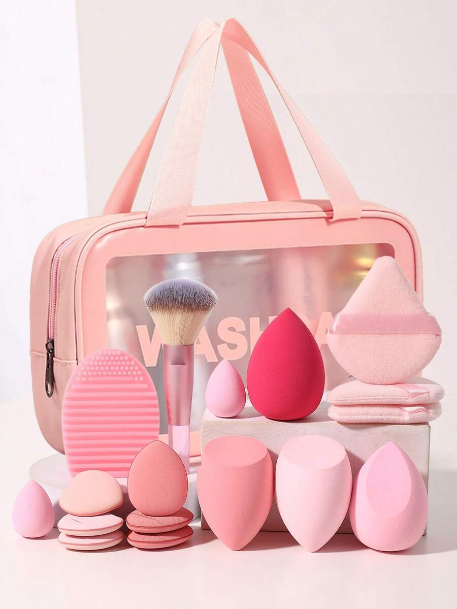 18 Pcs Makeup Tool Set. It Includes 1 Makeup Brush, Assorted Beauty Sponges And Powder Puffs. Different Sponges Fit Large Base Makeup And Precise Concealing. The Stylish Bag Stores Cosmetics Well For Daily Use And Outdoor Touch Ups. - Multicolor - View 1